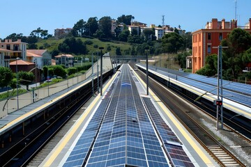Fototapeta premium A modern train station with solar panels on the roof, surrounded by greenery and residential buildings