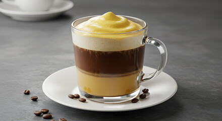 A layered coffee drink with a creamy topping, served in a clear glass mug.