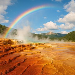 Majestic Rainbow Over Steaming Geothermal Terraces