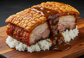 Two large portions of crispy pork belly with crackling skin are served on a bed of white rice and drizzled with brown gravy on a wooden board.