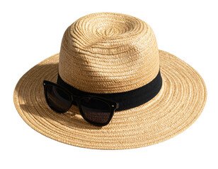Stylish Straw Hat with Sunglasses, isolated on transparent background