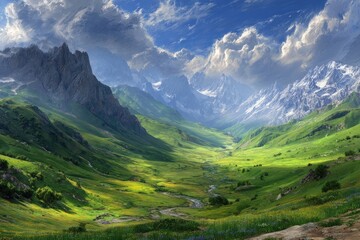 Obraz premium Mountain valley bathed in sunlight, lush green meadows, snow-capped peaks
