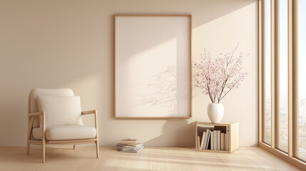 Bright minimalist living room with empty wall space and decor plants