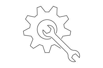 Gear in one line art style. Gear drawing with editable black stroke on white background. Outline gears vector. Setting, cogwheel, gear icon element set. Gears shapes line icons. Vector illustration.