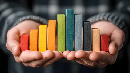 Hands holding stacked bar charts displaying performance categories