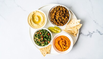 Middle Eastern Mezze Platter on Marble Surface, Hummus, Baba Ghanoush, Tabbouleh and Flatbread, Healthy Vegan Dip Collection