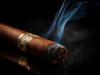 High-end cigar on holder with thin trail of smoke