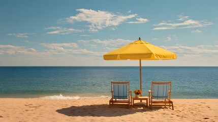 Empty beach chairs and umbrella on the shore.