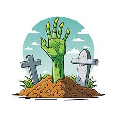 Cartoon illustration of a zombie hand emerging from a grave with tombstones and grass.