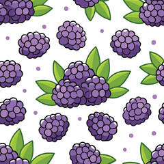 Seamless pattern featuring vibrant purple blackberries with green leaves and scattered purple dots on a white background.