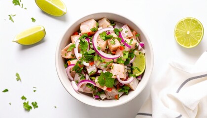 Fresh and Vibrant Ceviche Bowl with Lime and Cilantro, Ready to Eat Seafood Dish with Red Onion and Citrus