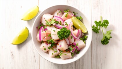 Delicious Ceviche Bowl with Lime and Red Onions on a White Wooden Background, Appetizing Bowl of Fresh Ceviche with Citrus and Herbs on a Rustic White Surface