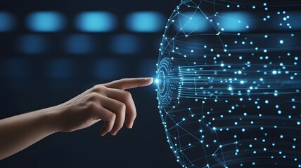 Human Hand Touching Glowing Digital Sphere Network finger