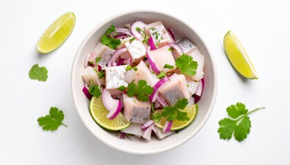 Delicious Ceviche Bowl with Lime and Cilantro on White Background, Fresh and Flavorful Peruvian Dish with Healthy Ingredients