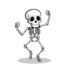 Cartoon skeleton with a large head, arms raised, and legs bent, dancing on a white background.
