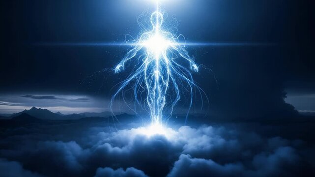 Electric Soul Ascending: A mystical human form emerges from ethereal clouds with bright blue energy