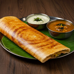 A delicious golden-brown dosa, served with two dipping sauces, presented on a banana leaf and metal plate.