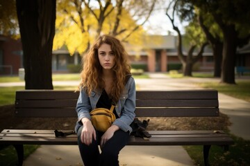 Obraz premium American female student sitting bench park.
