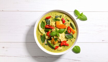 Authentic Green Curry Served in White Bowl on White Wooden Surface, Mouthwatering Green Curry with Basil Leaf and White Wood Background