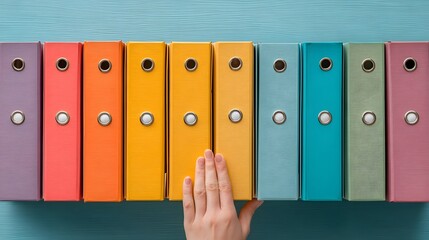 Hands organizing colorful folders on a desktop