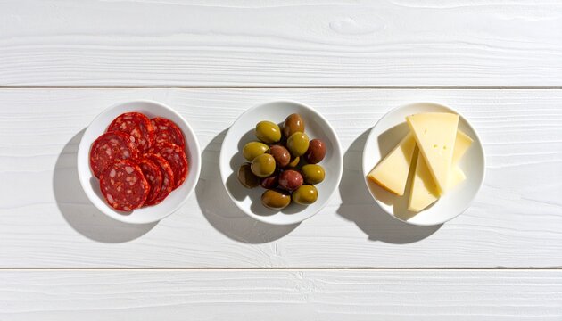 Overhead view of plates of cheese, olives, and chorizo on white wooden table, Appetizing assortment of Spanish tapas on individual plates against a bright wooden background