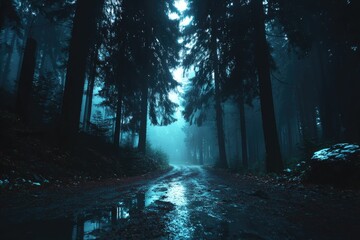 Dark, misty forest path with puddles