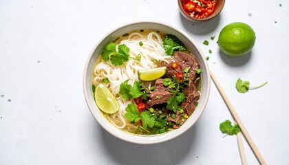 A delicious bowl of beef pho with fresh herbs and lime, A tantalizing top-down view of flavorful Vietnamese noodle soup, garnished with vibrant toppings