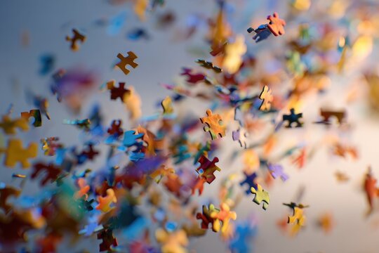 Colorful jigsaw puzzle pieces scattered in mid-air - Powered by Adobe