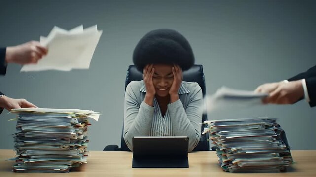 She cant juggle this many tasks at once. 4k video footage of a businesswoman looking stressed while being overwhelmed with request from her colleagues in the workplace.