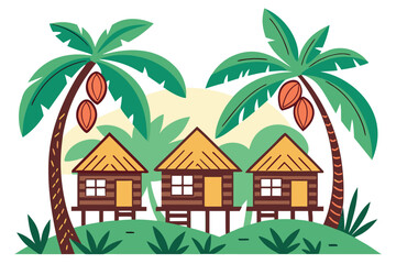 Fototapeta premium Three ThatchedRoof Huts with Palm Trees Cartoon Illustration of Tropical Island Dwellings