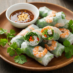 Fresh Vietnamese shrimp summer rolls served with peanut dipping sauce.