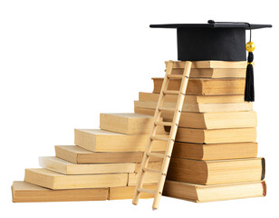 Educational Concept with Books, Graduation Cap, and Ladder, isolated on transparent background
