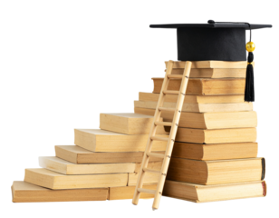 Educational Concept with Books, Graduation Cap, and Ladder, isolated on transparent background