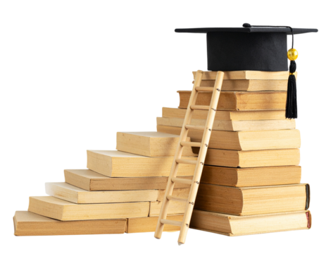 Educational Concept with Books, Graduation Cap, and Ladder, isolated on transparent background