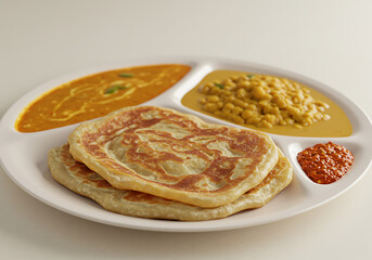 A close-up view of a partitioned plate with roti, curries, and a chili condiment.