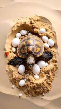 Protective turtle burying pristine white eggs in warm sand, safeguarding new life