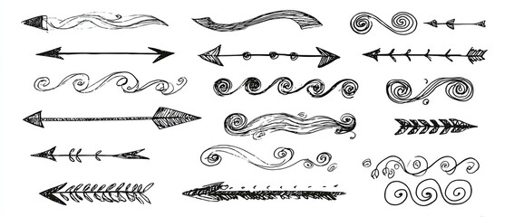 Hand-drawn collection of decorative arrows and swirls