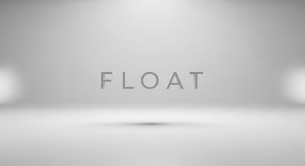 Minimalist Gray Studio Background with Floating "FLOAT" Text and Subtle Shadow