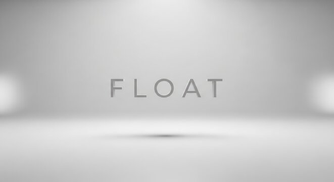 Minimalist Gray Studio Background with Floating "FLOAT" Text and Subtle Shadow