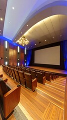 Luxurious theater with hardwood floors, plush seating, and a large screen