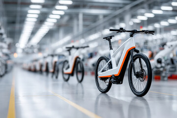 robots meticulously assembling bicycles equipped with advanced safety systems on streamlined assembly line