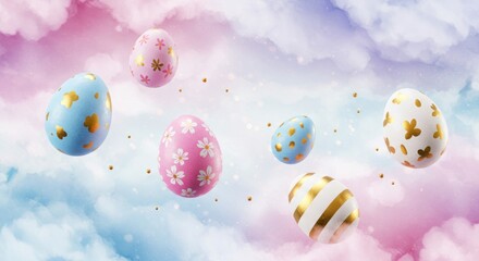 Delicate Easter Eggs Soaring Through a Pastel Cloud Sky
