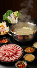 Steaming hot pot with thinly sliced meat, assorted vegetables, and flavorful dipping sauces.