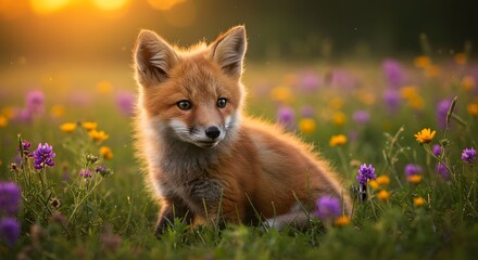Naklejka premium Adorable red fox cub enjoying a peaceful sunset in a vibrant field of wildflowers.