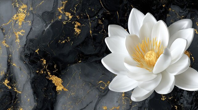 3D wallpaper with a white lotus flower with golden stamens, set against a marble background adorned with golden lines, making it an eye-catching decoration.