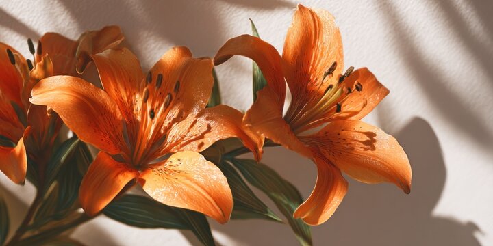 Close up shot of vibrant orange lilies with dark spots and green leaves against a white background
