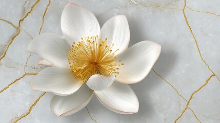 3D wallpaper with a white lotus flower with golden stamens, set against a marble background adorned with golden lines, making it an eye-catching decoration.