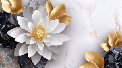 3D wallpaper with a white lotus flower with golden stamens, set against a marble background adorned with golden lines, making it an eye-catching decoration.