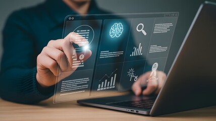 Person interacting with futuristic digital interface displaying charts and brain icon technology