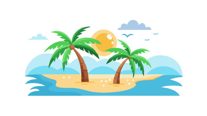 Tropical island beach with palm trees sun and ocean vector illustration summer vacation travel destination